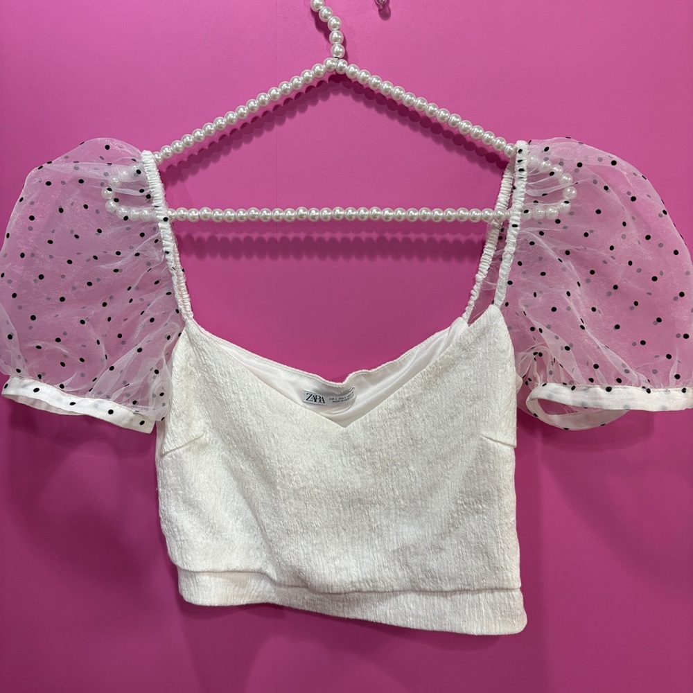 Zara White Cropped Top with Polka Dot Sheer Puff Sleeves - Picture 2 of 4